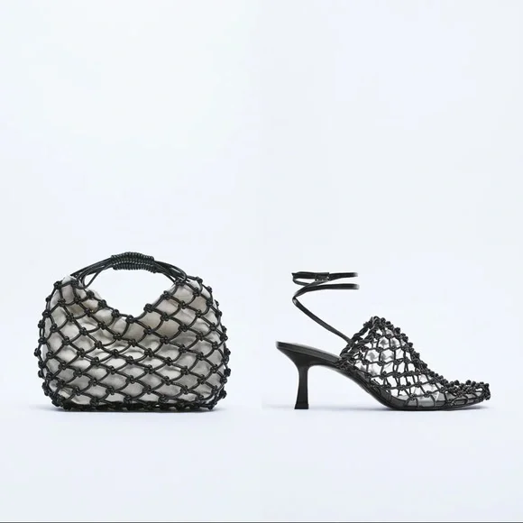 Zara Set - Black Knotted Mesh Heels & Mini Bag - Picture 1 of 12